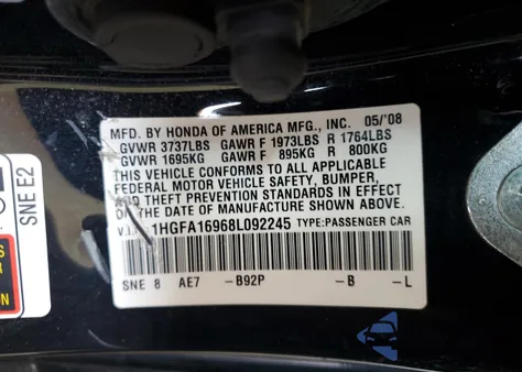 2008 Honda Civic Exl из США, поврежденный, VIN 1HGFA16968L092245